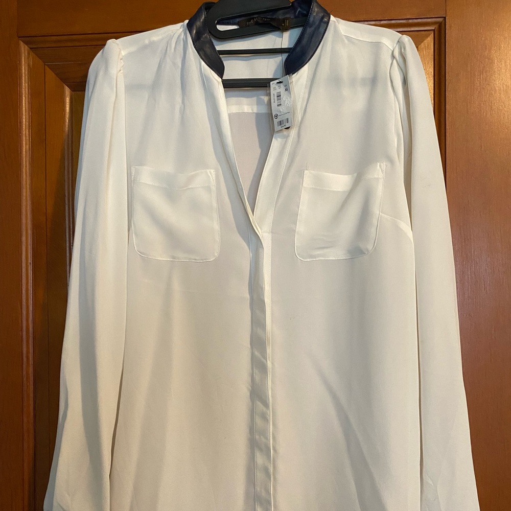 NWT The Limited cream sheer blouse with leather trim, button down long slv, sz M